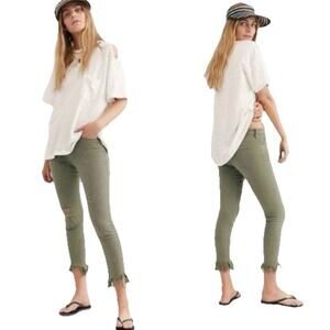 Free People Women Great Heights Fray Fringe Stretchy Cropped Ivy Green Jeans 26